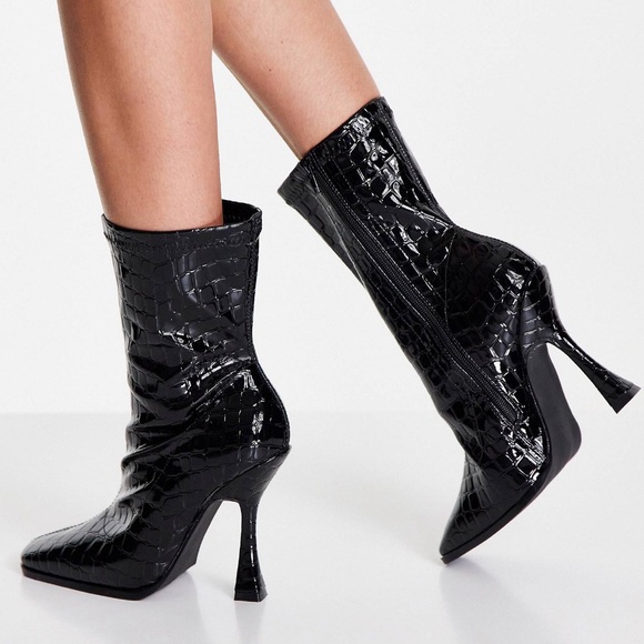 Glamorous heeled sock boot in black croc - Picture 3 of 10